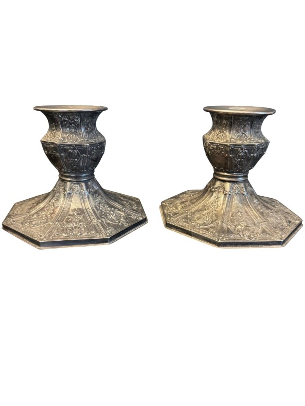 Pair Of Antique Barbour Silverplated Candle Holders Ornate Floral Engraving